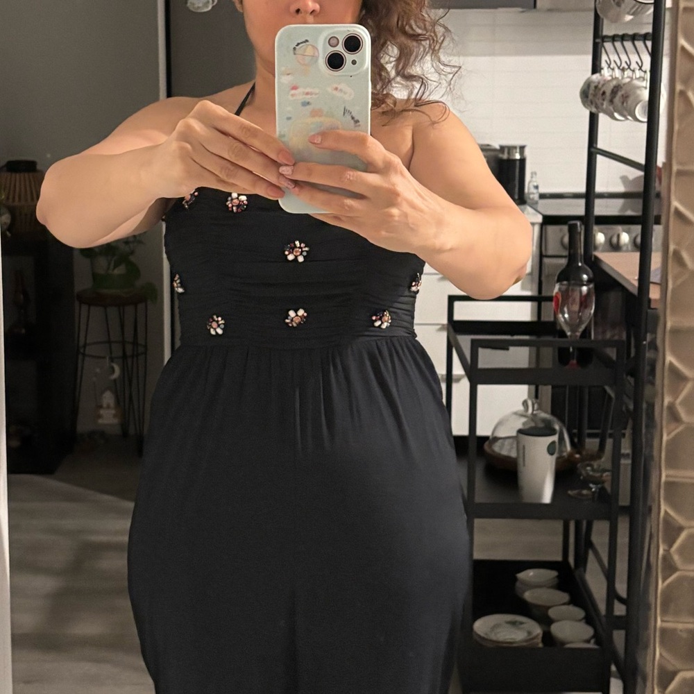 Zara Black halter neck( it has straps )Jumpsuit with Floral embellishments